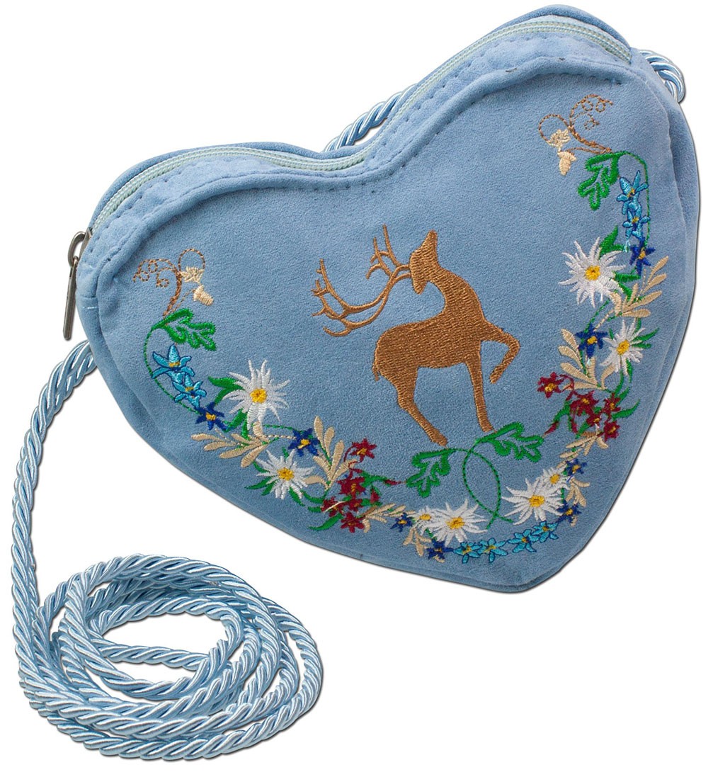 Vorschau: Herz Trachtentasche blau mit Hirsch und Blumenranke