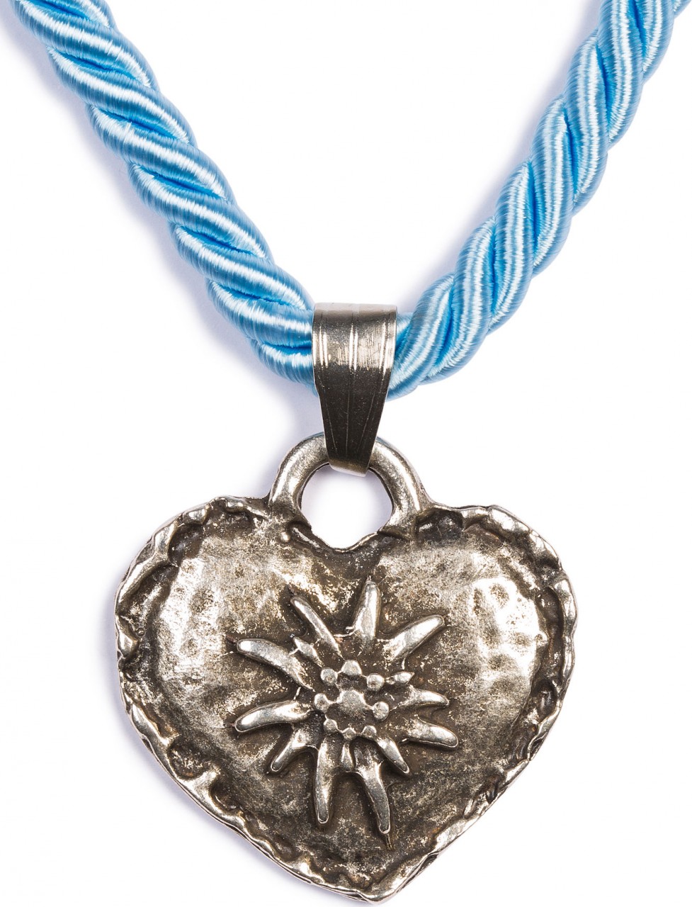Braid Necklace with Edelweiss Heart, Light Blue