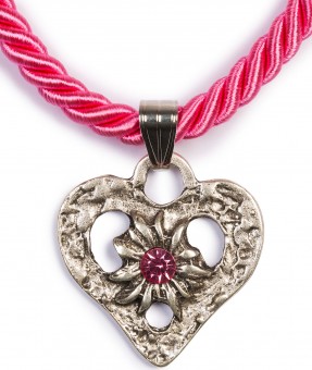 Collier à cordon coeur avec pierre rose vif