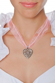 Collier ruban voile pendentif coeur rose clair