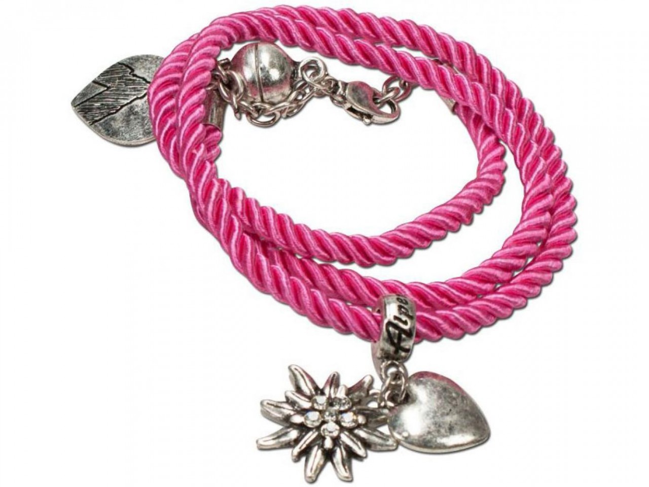 Braided Bracelet with Silver Charms, Pink