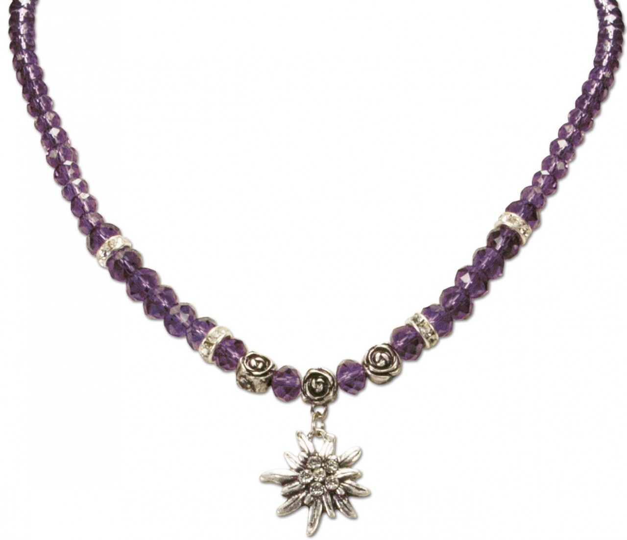 Traditional Pearl Necklace with Edelweiss, Purple