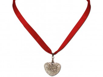 Satin Necklace with Rhinestone Heart, Rot