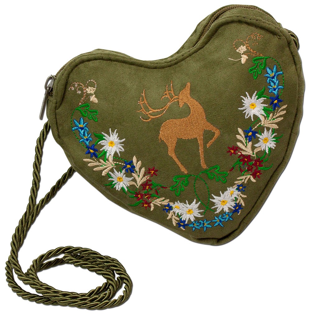 Herz Trachtentasche grün mit Hirsch und Blumenranke