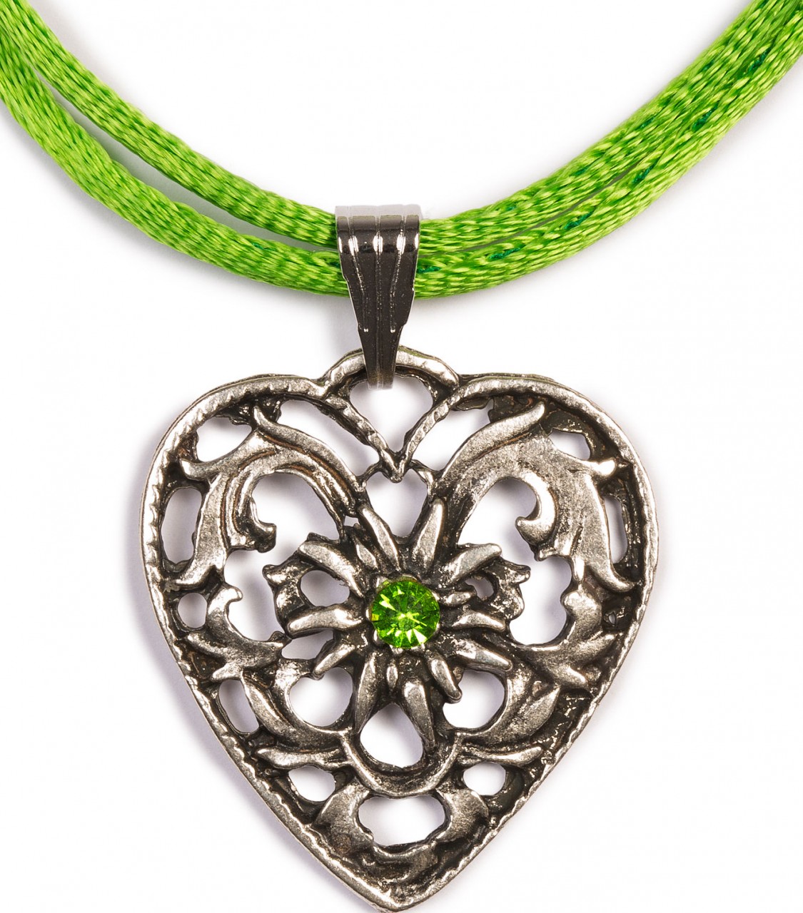 Satin Necklace with Heart Pendant, Apple Green
