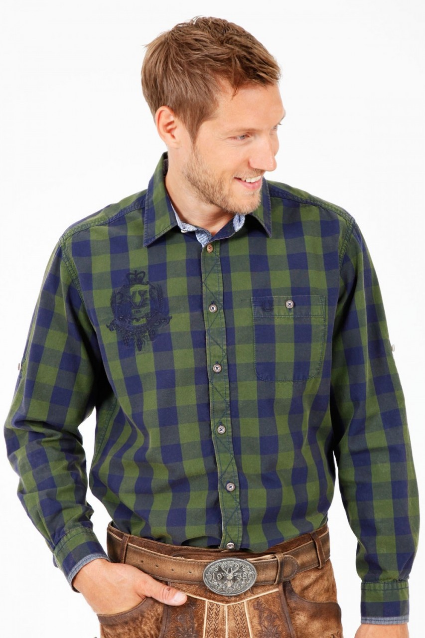 Trachtenhemd Woodsman grün/blau langarm