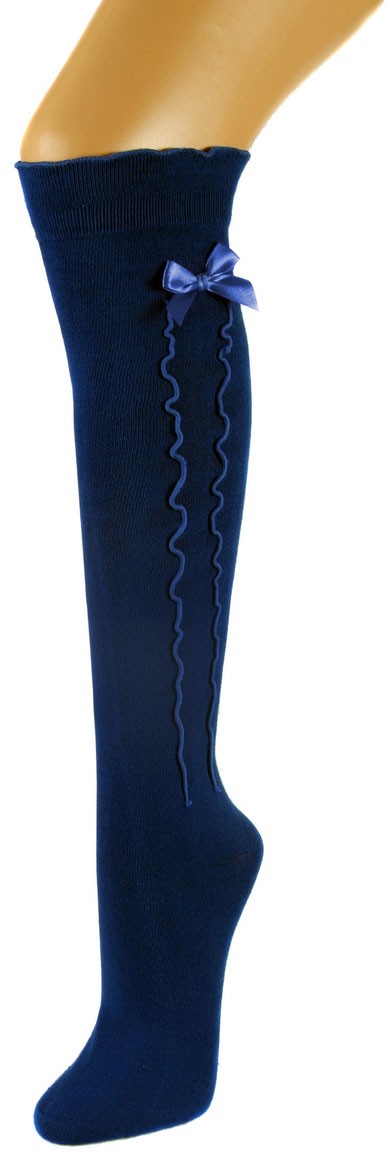 Damen Kniestrümpfe royalblau mit Rüsche und Schleife