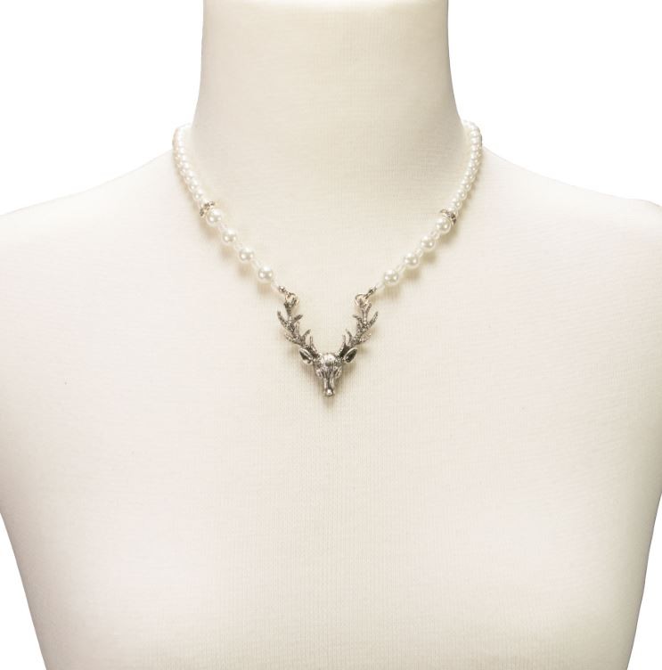 Preview: Pearl necklace with deer head pendant cream-white