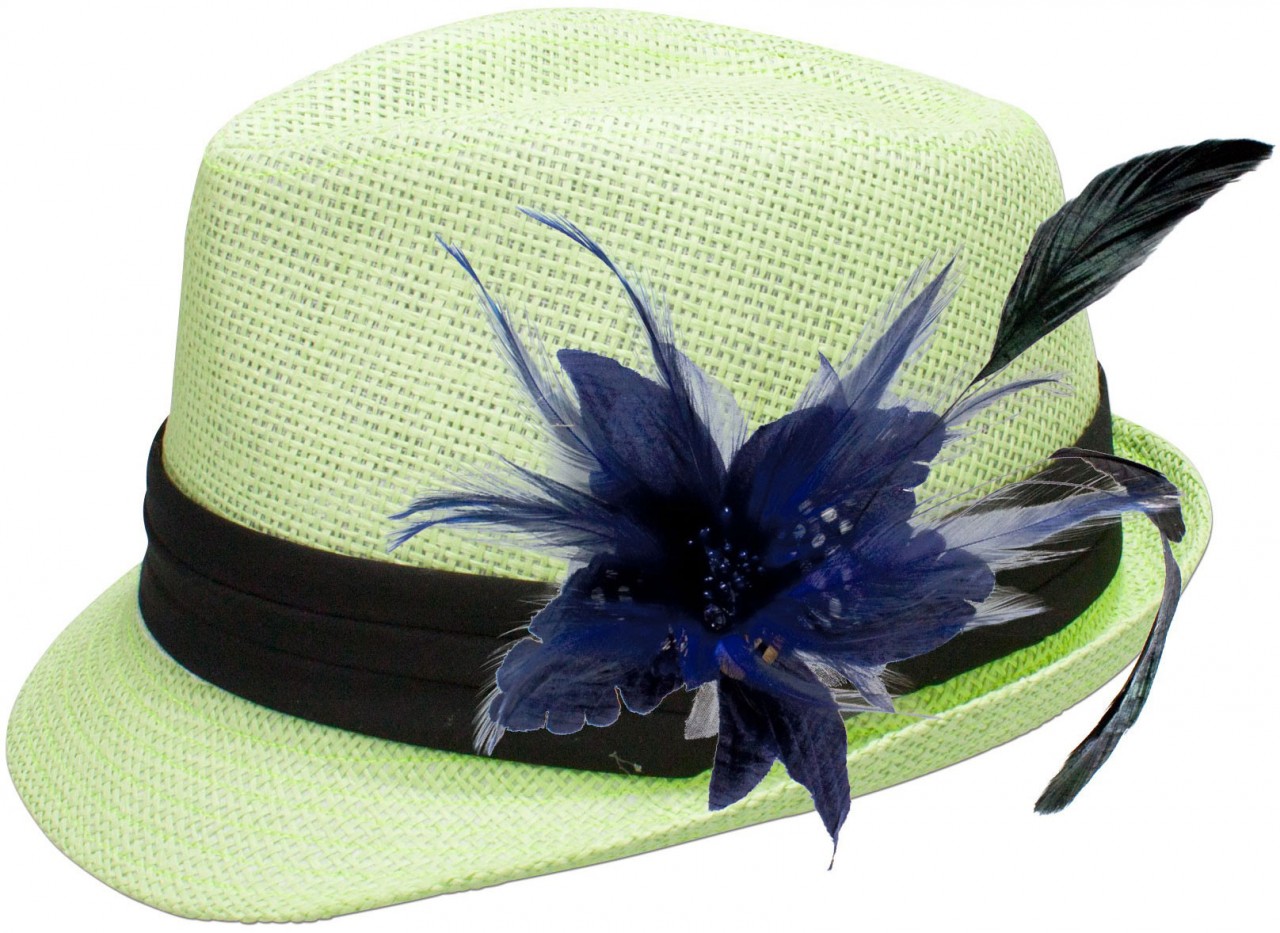 Straw Hat Britta with blue Feather Brooch