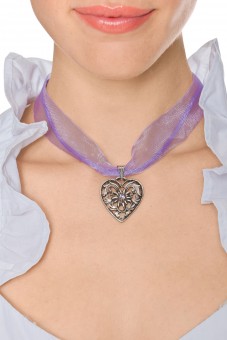 Collier ruban voile pendentif coeur violet