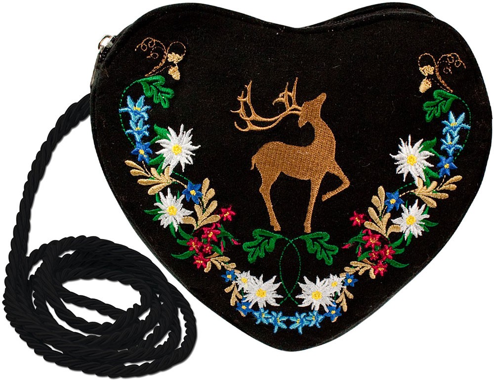 Vorschau: Herz Trachtentasche schwarz mit Hirsch und Blumenranke