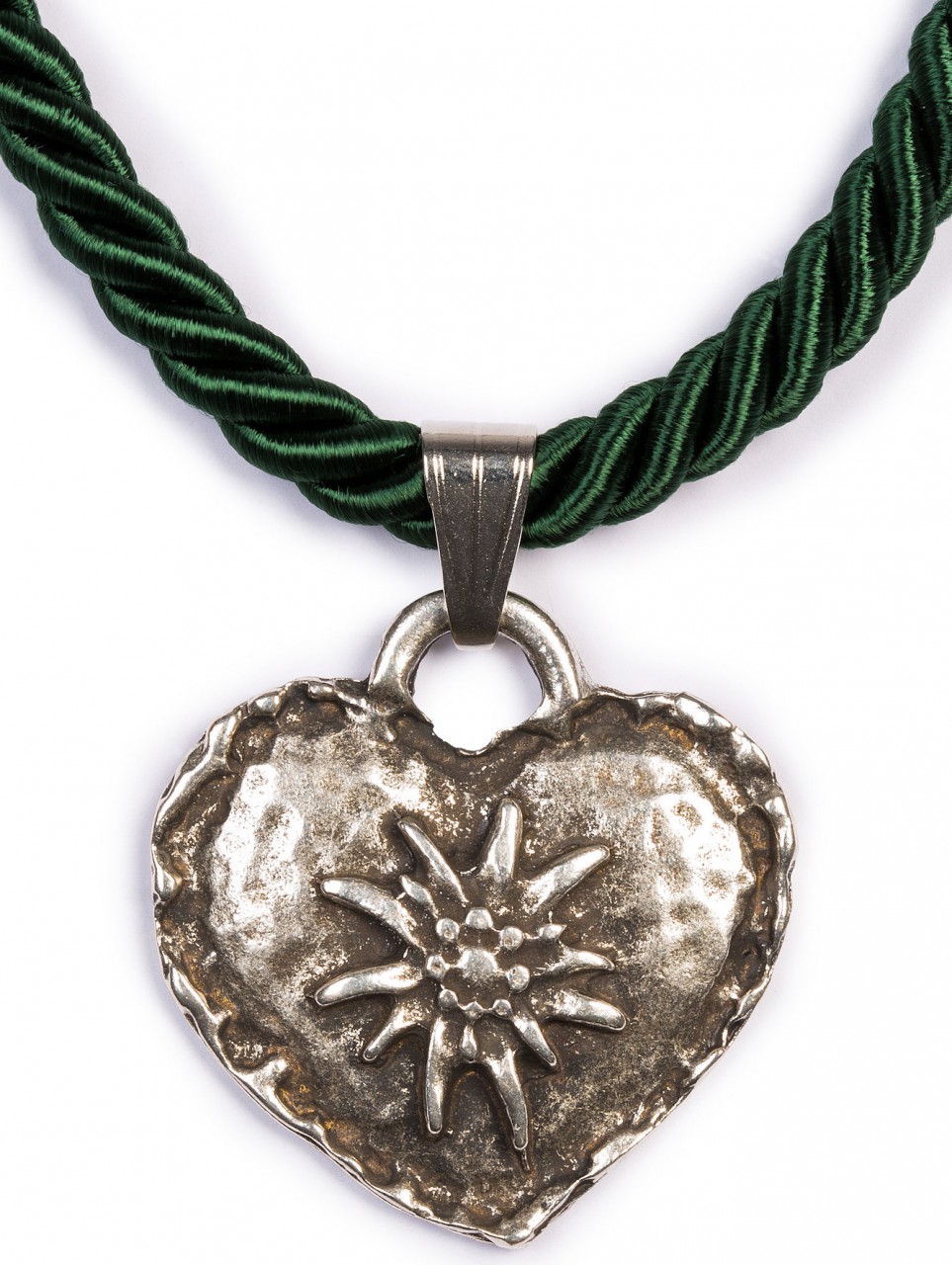 Braid Necklace with Edelweiss Heart, Fir Green