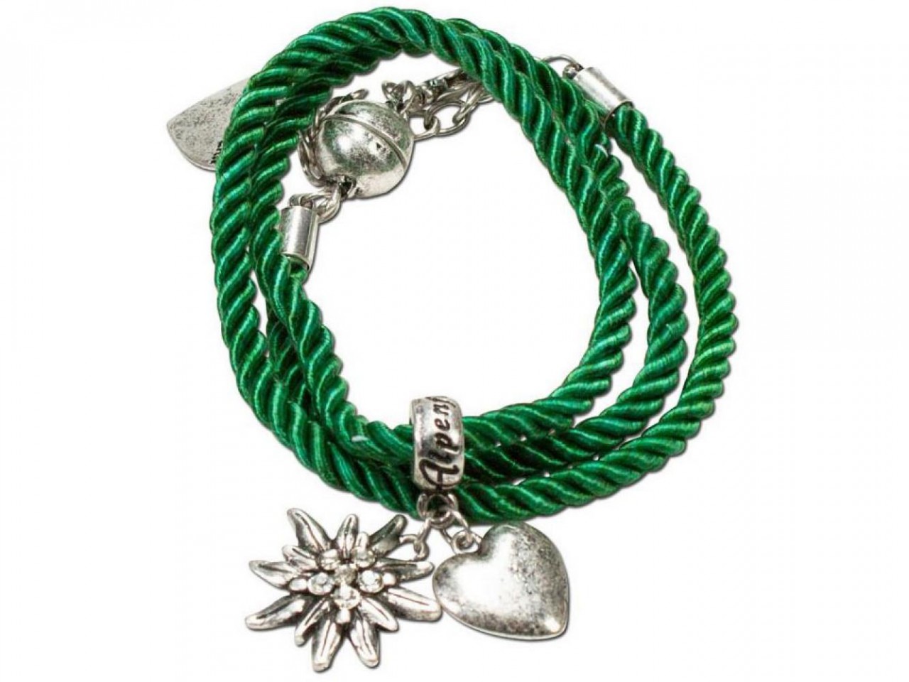 Braided Bracelet with Silver Charms, Green