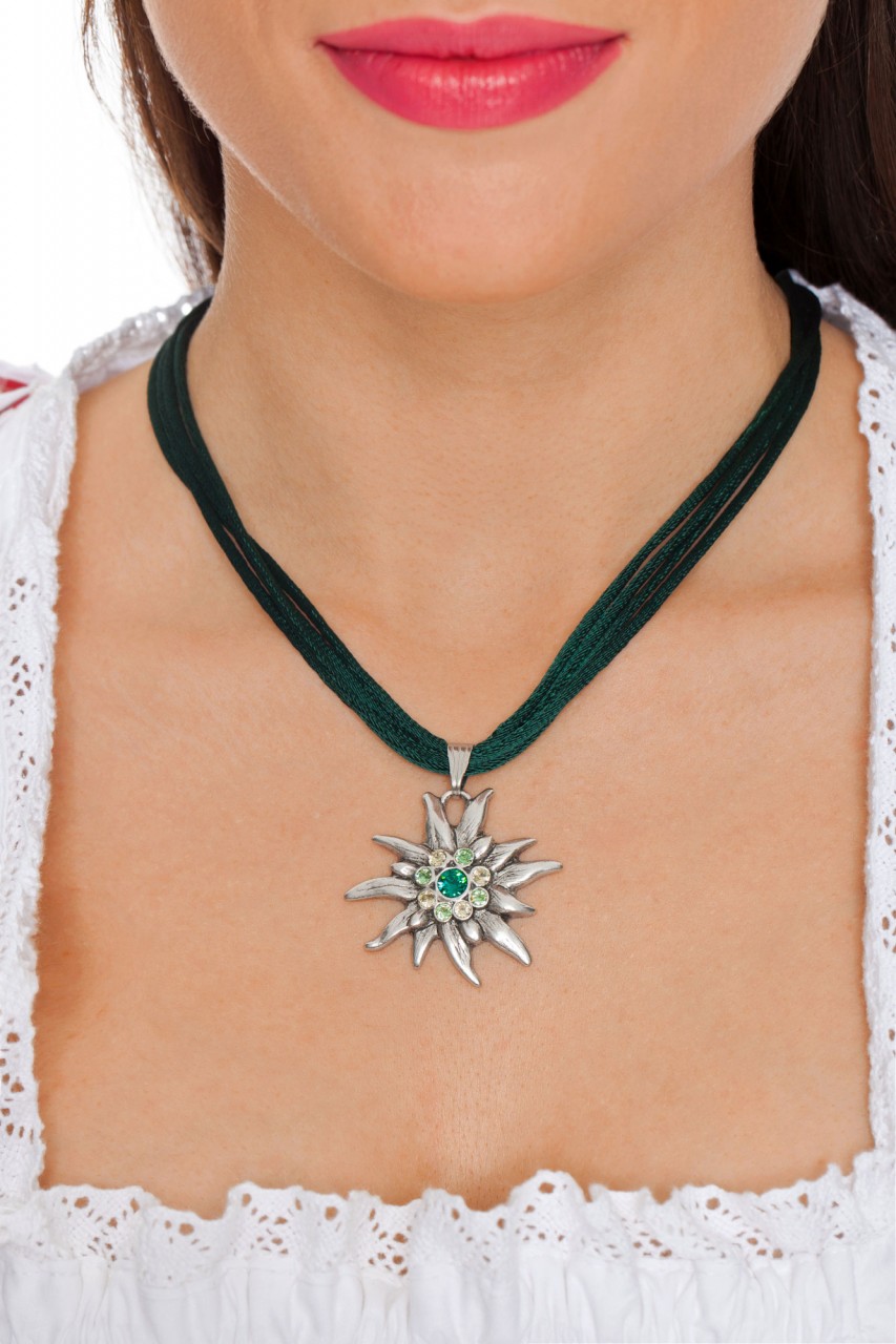 Preview: Satin Edelweiss Necklace, Fir Green