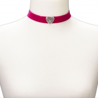Thick Velvet Choker with Heart Pendant, Pink