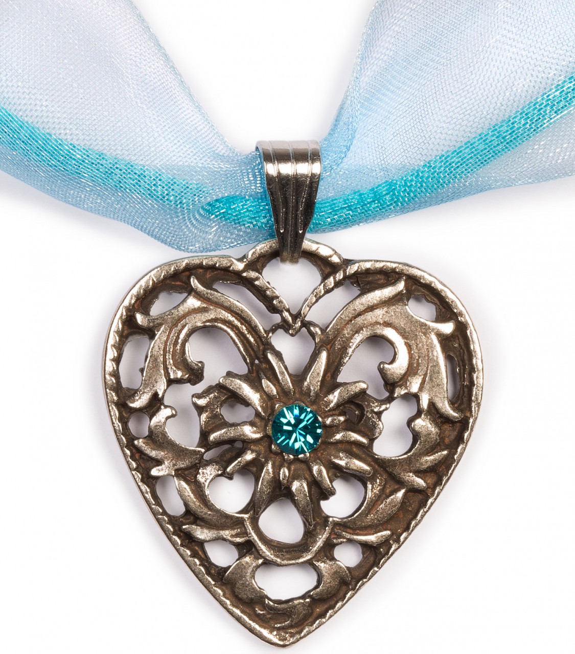 Collier ruban voile pendentif coeur turquoise