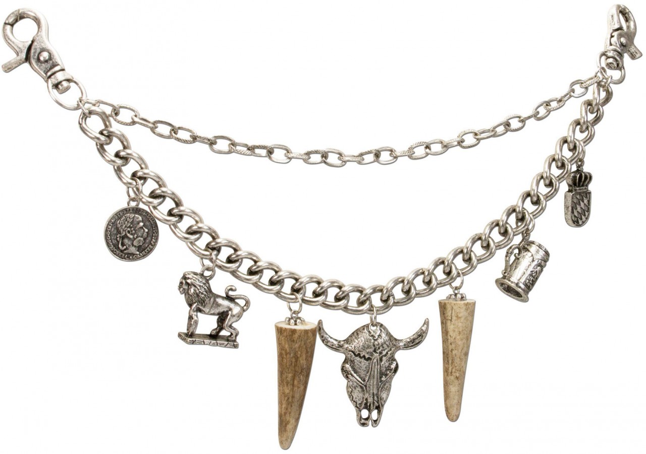 Charivari Chain with Bull Pendant, Antique Silver