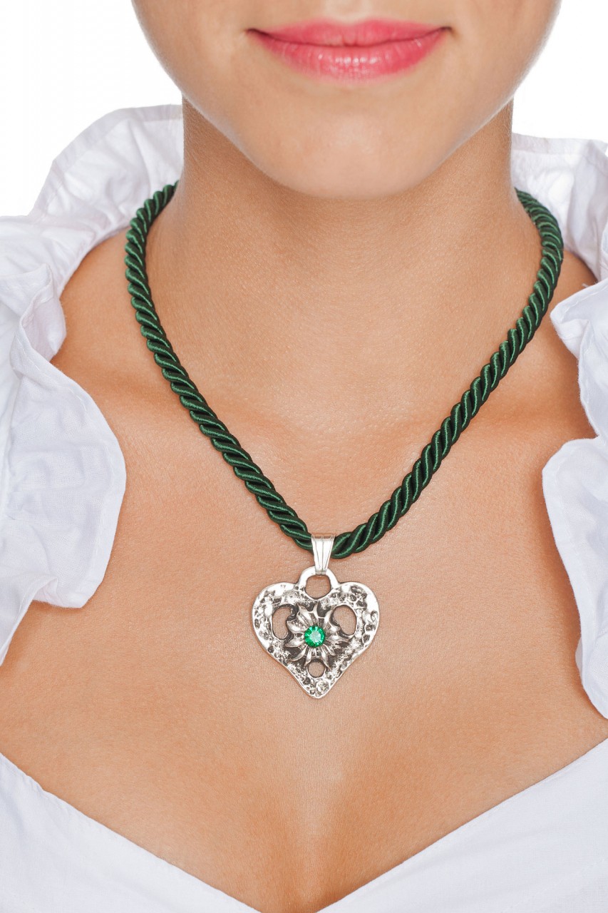 Braid Necklace with Heart Pendant, Fir Green