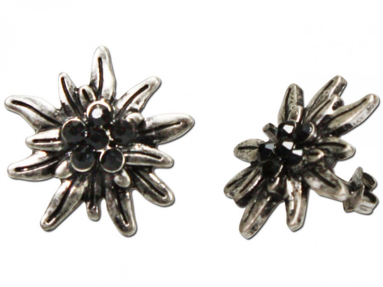 Traditional Earrings, Rhinestones, Old Silver-Black