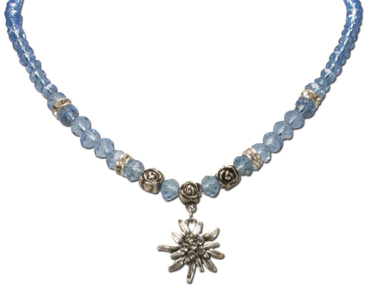 Traditional Pearl Necklace with Edelweiss, Light Blue