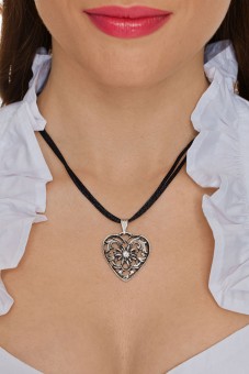 Herzkette mit Stein und 2 Satinbändern, schwarz
