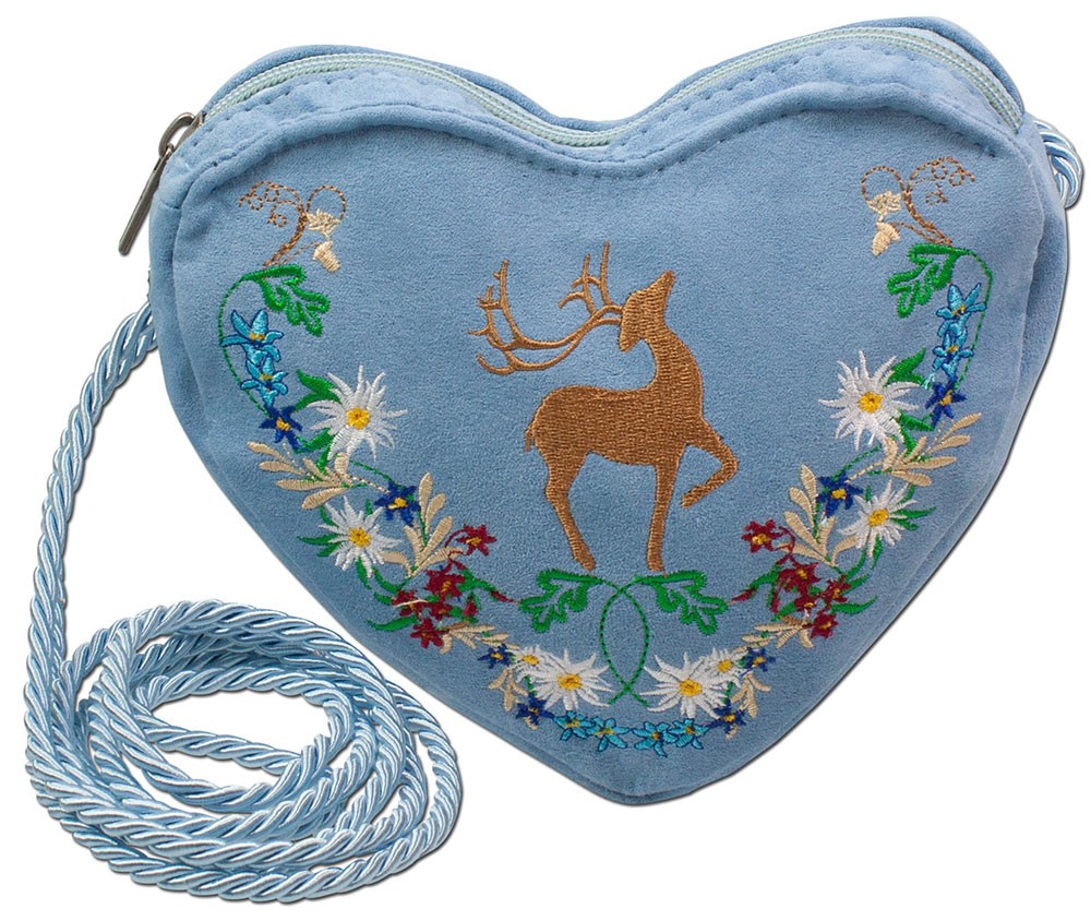 Herz Trachtentasche blau mit Hirsch und Blumenranke
