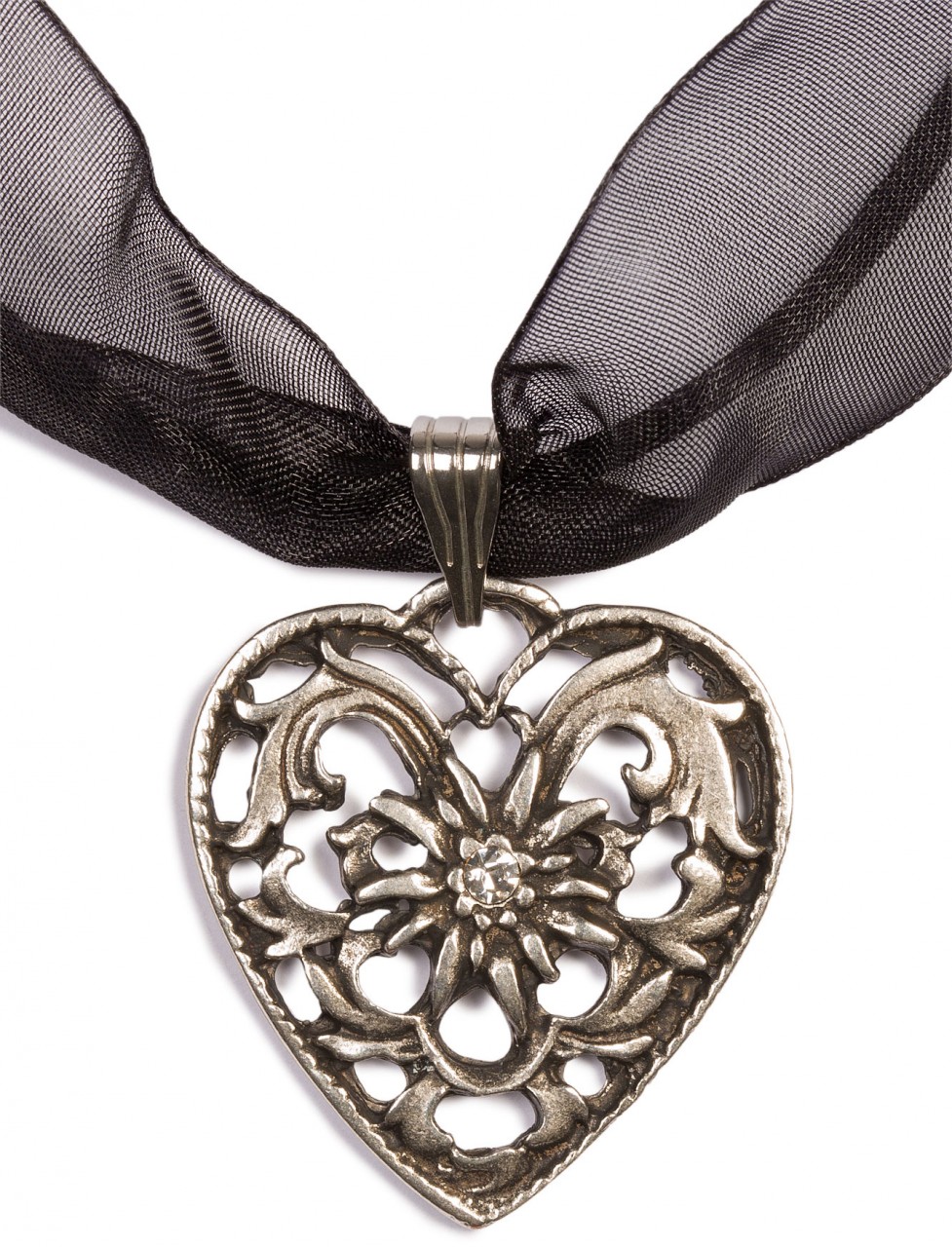 Collier ruban voile pendentif coeur noir