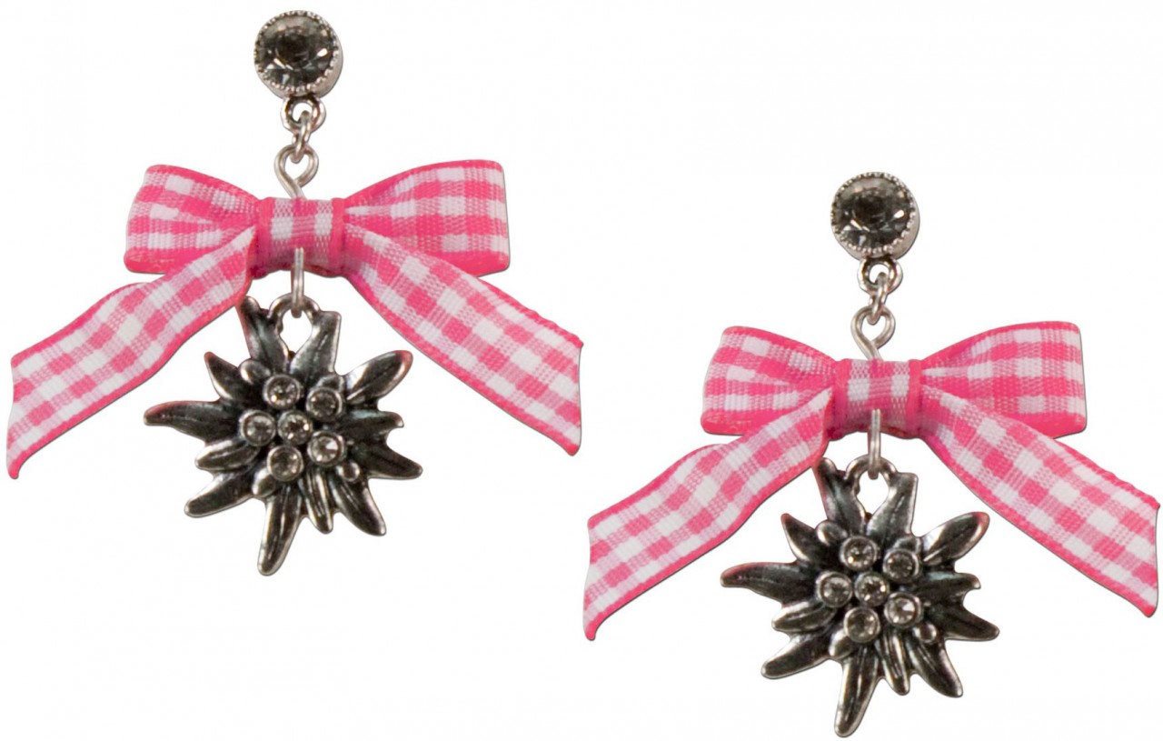 Bow Earringswith Pendant, Pink-Checked