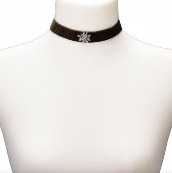 Thick Velvet Choker with Edelweiß, Olive Green
