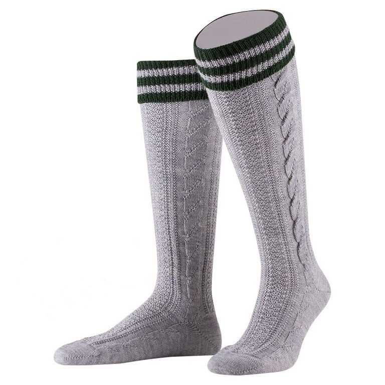 Traditional Knee Socks in grey with Braidpattern and green Stripes