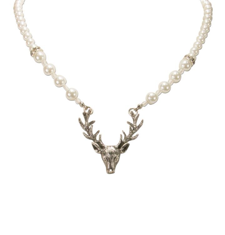 Naszyjnik z pereł z zawieszką w kształcie głowy jelenia kremowo-biały