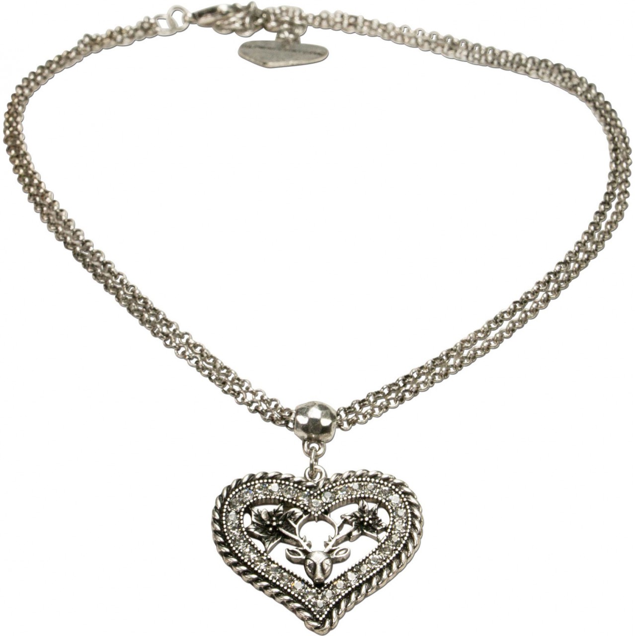 Necklace with Rhinestone Heart Pendant, Antique Silver