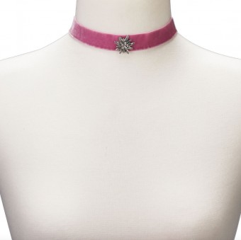 Thick Velvet Choker with Edelweiß, Rose Pink