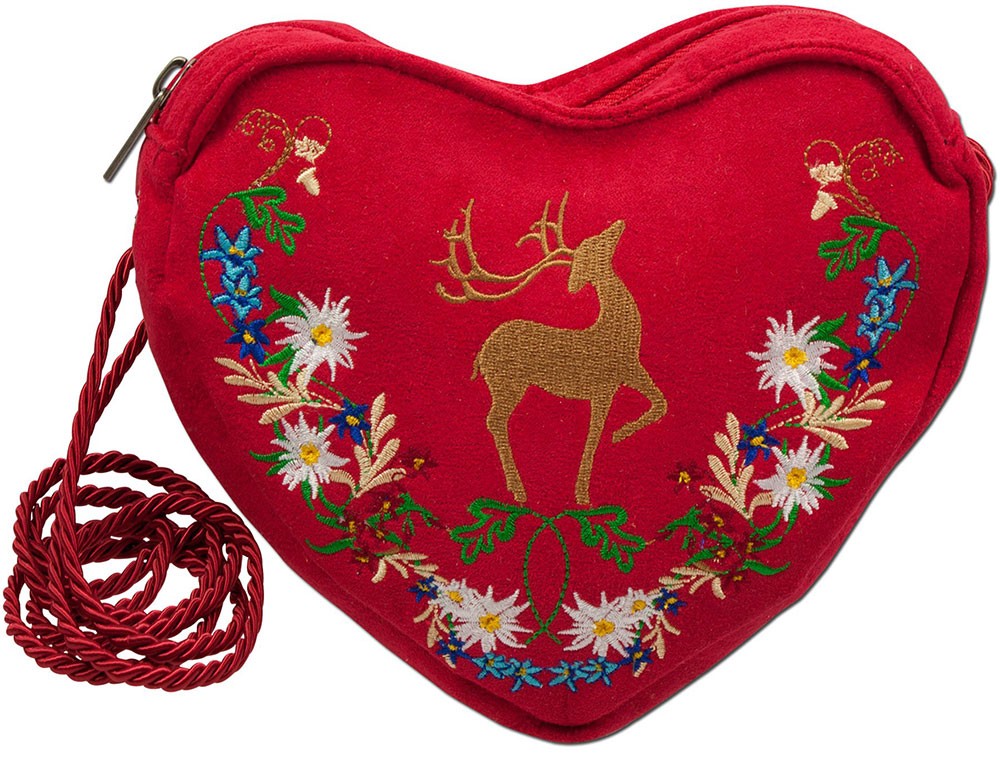 Herz Trachtentasche rot mit Hirsch und Blumenranke