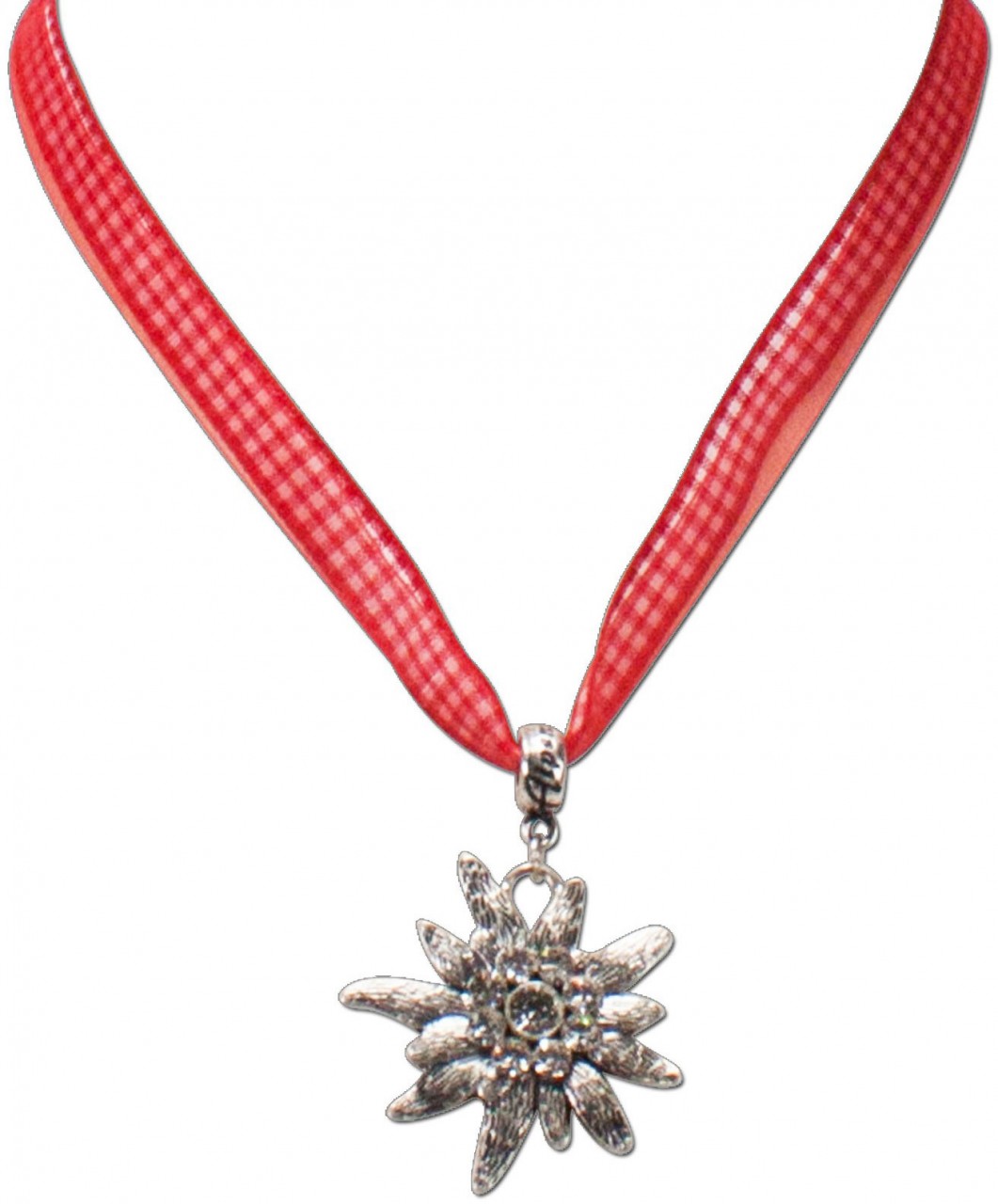 Ribbon Necklace, Edelweiss Pendant, Red