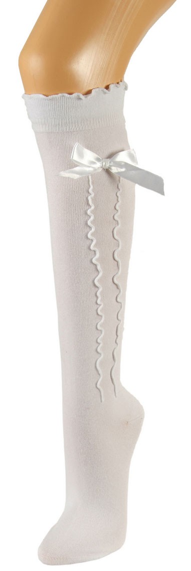 Ladies Stockings with Ruffle & Bow, White