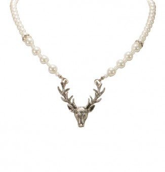 Perlenkette mit Hirschkopfanhänger creme-weiß