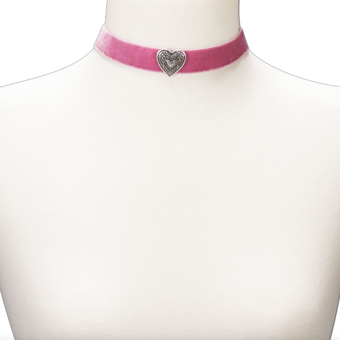 Thick Velvet Choker with Heart Pendant, Rose Pink
