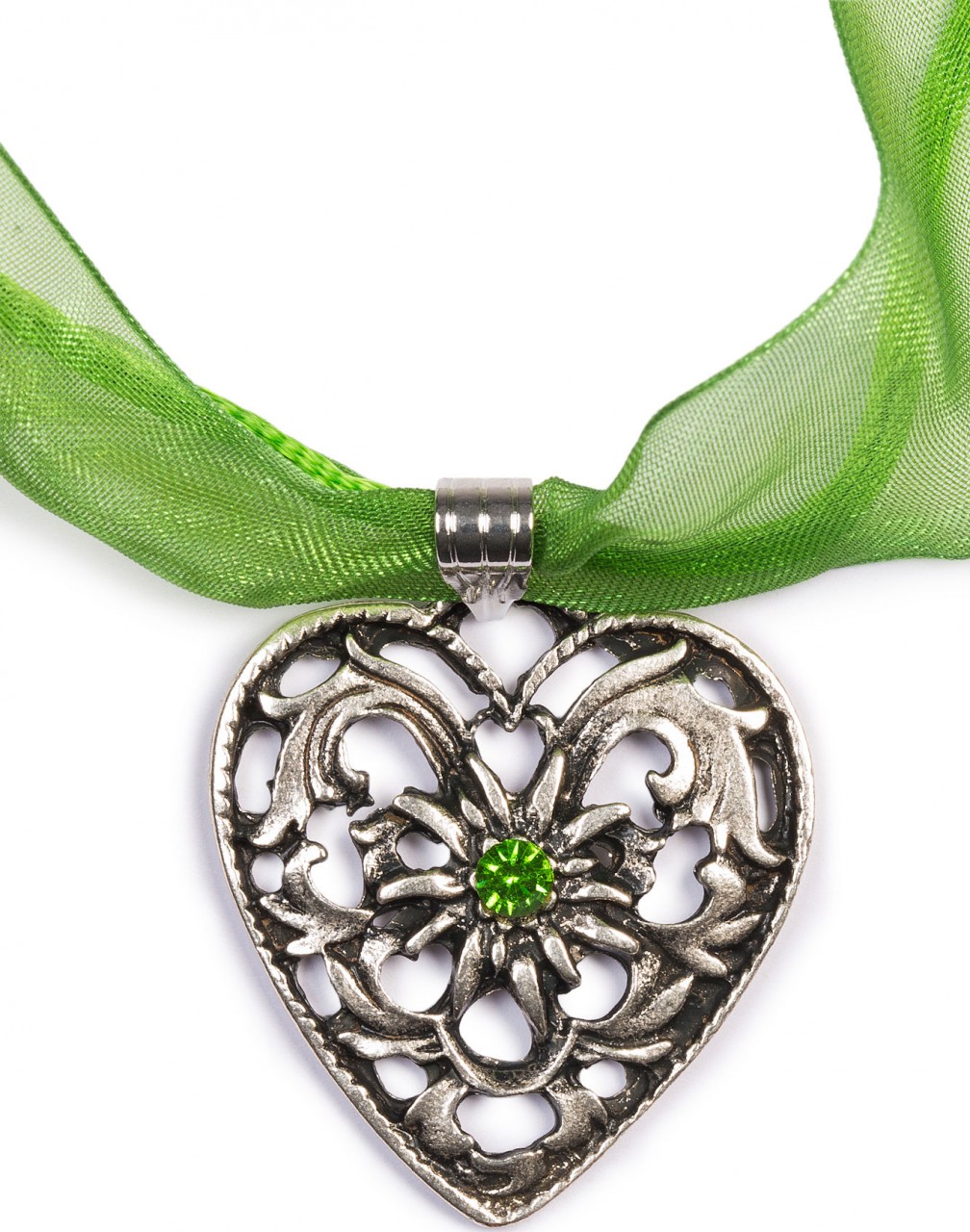 Collier ruban voile pendentif coeur vert pomme