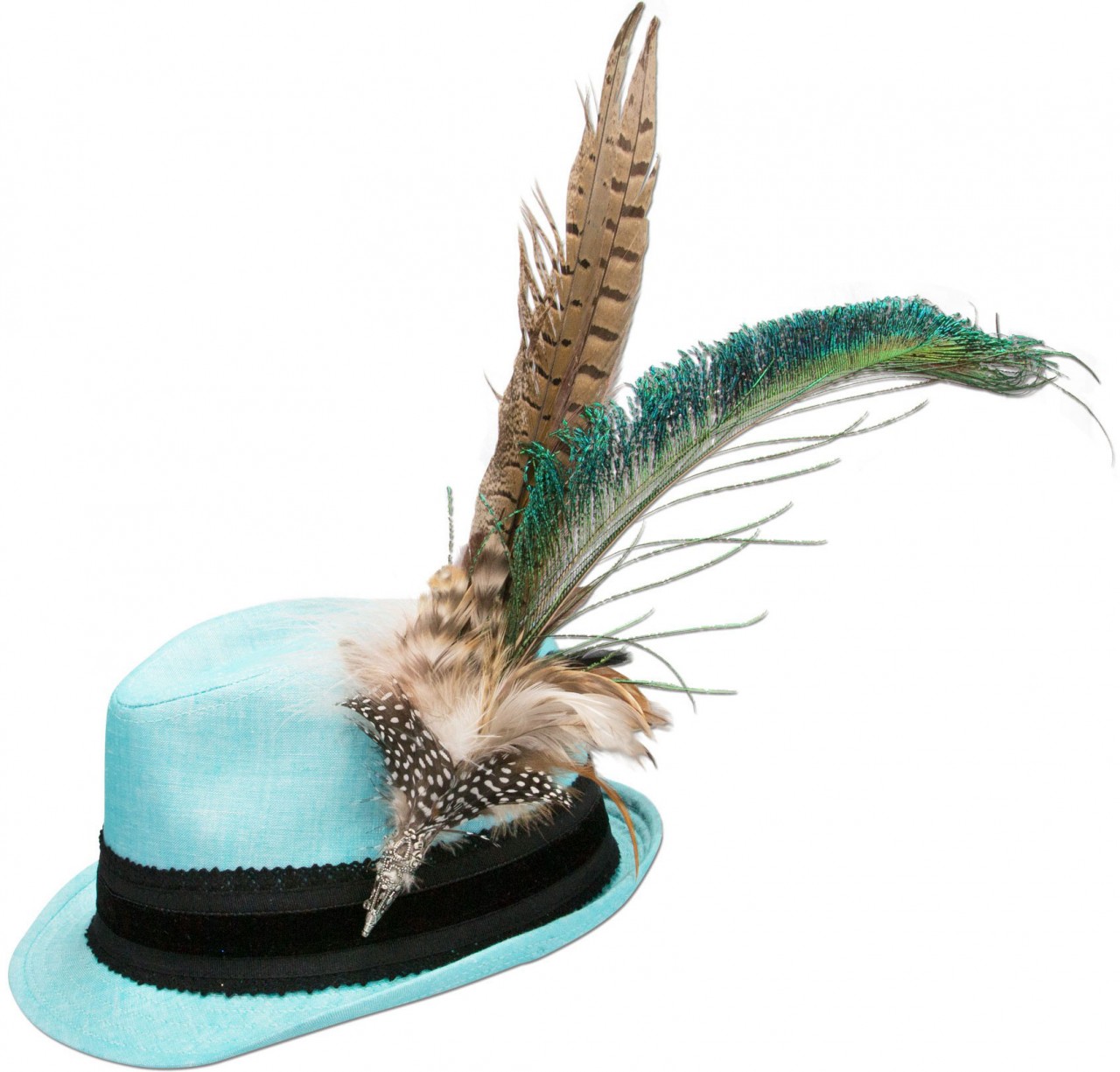 Aperçu: Chapeau en lin plume de paon turquoise