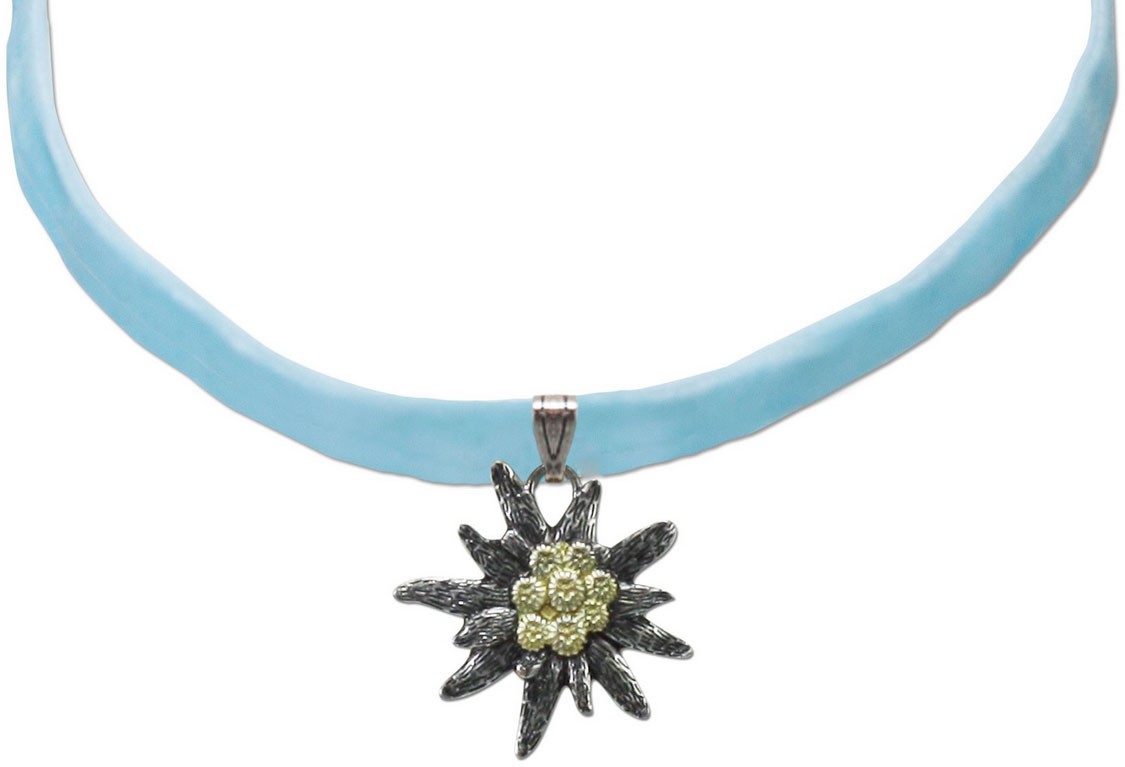 Collier ras de cou en velours gros edelweiss bleu clair