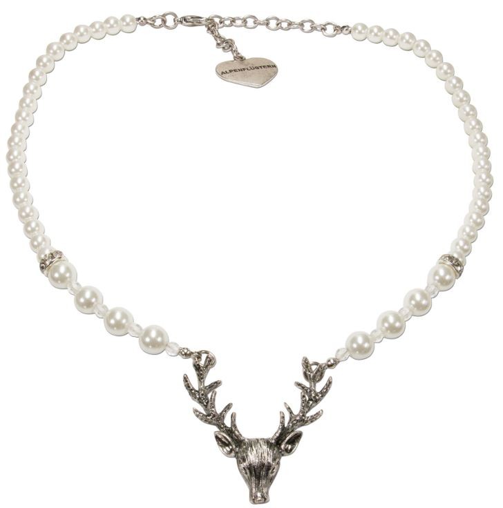 Perlenkette mit Hirschkopfanhänger creme-weiß