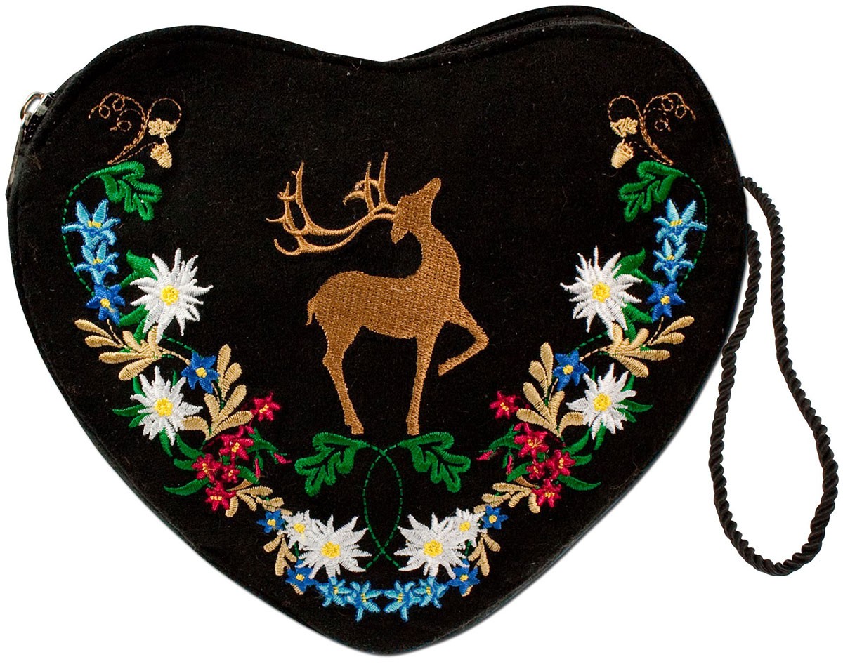 Vorschau: Herz Trachtentasche schwarz mit Hirsch und Blumenranke