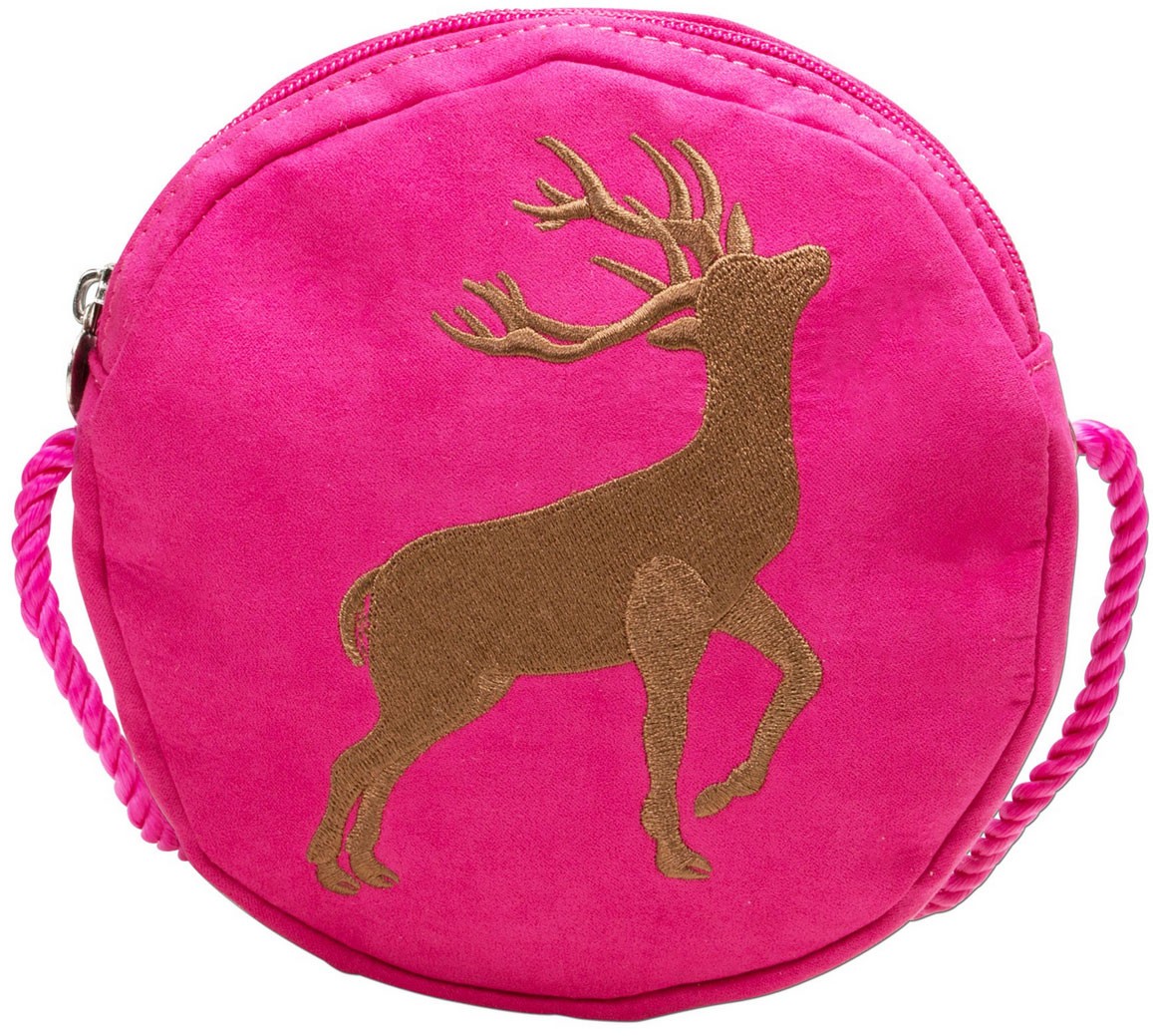Tradycyjna okrągła kieszeń z haftem z jelenia różowego
