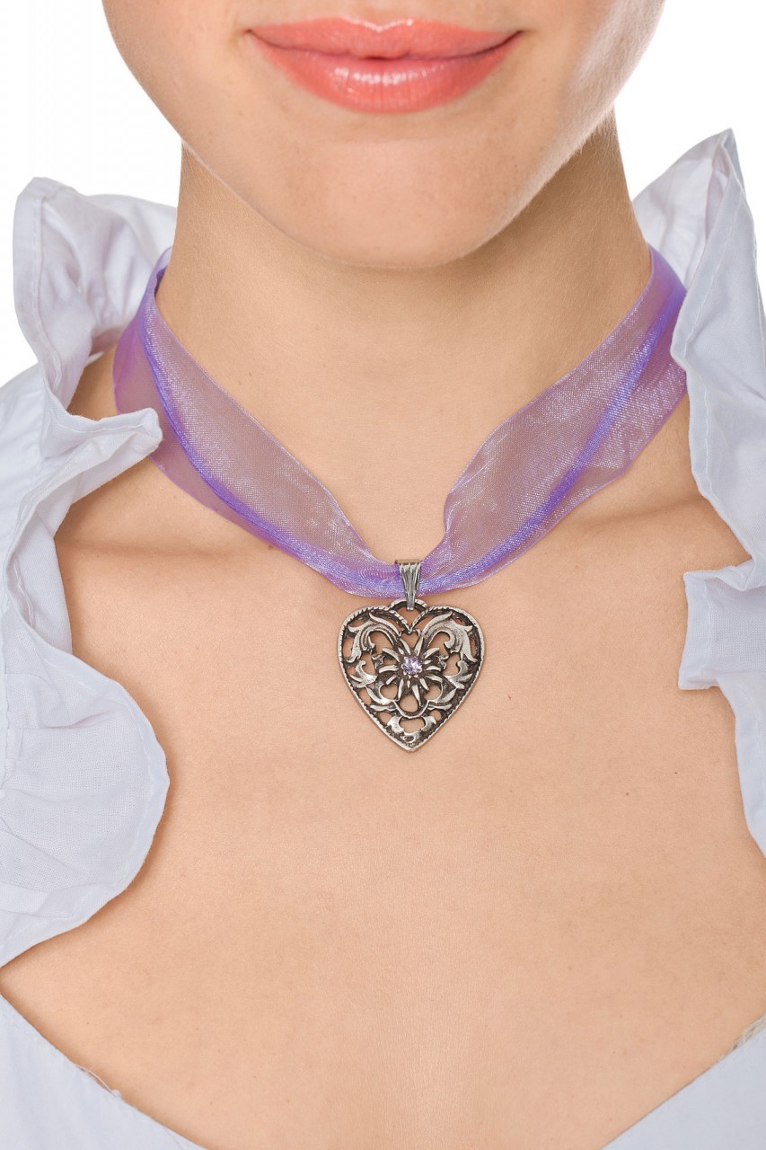 Aperçu: Collier ruban voile pendentif coeur violet