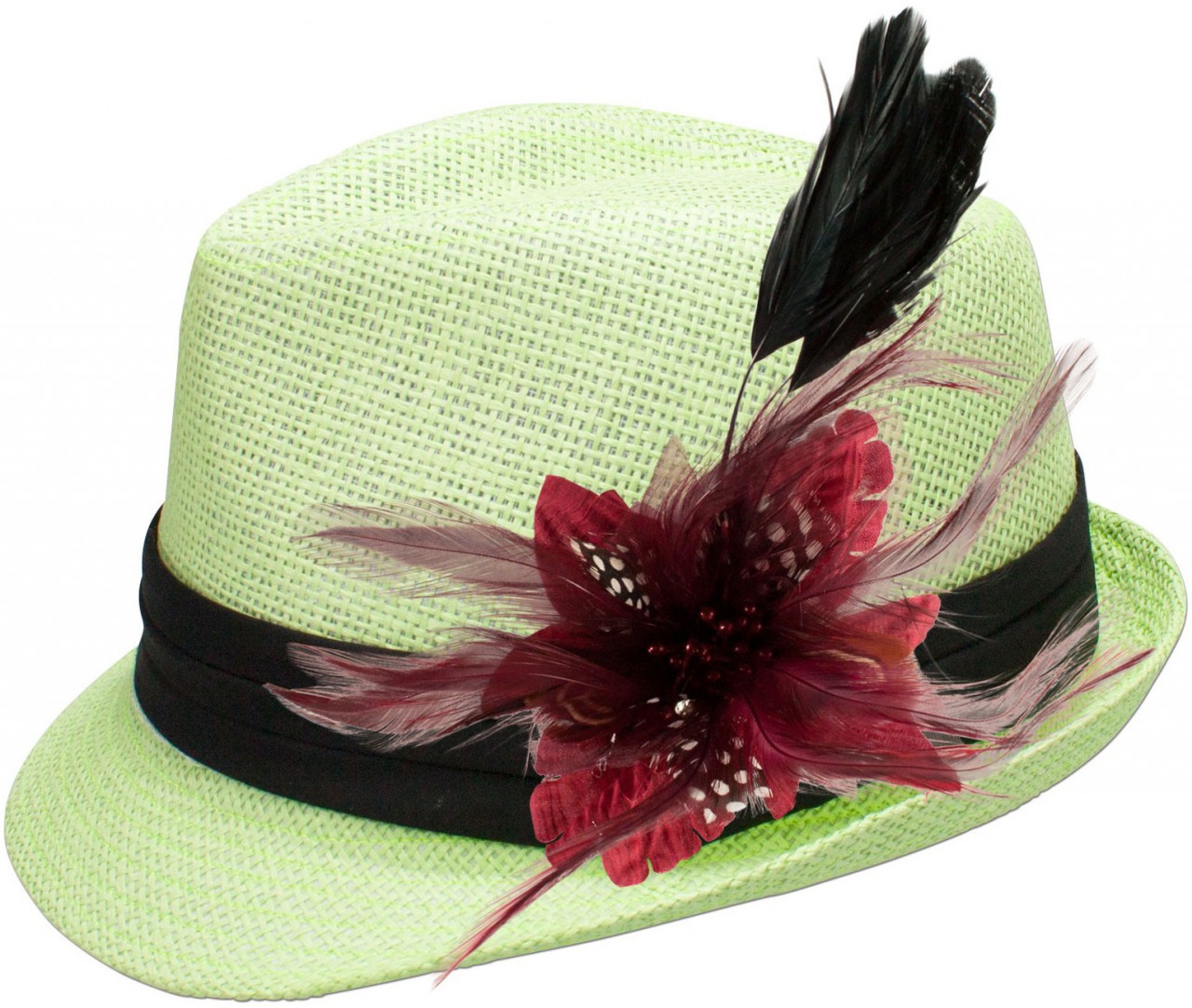 Straw Hat Britta with bordeaux-red Feather Brooch